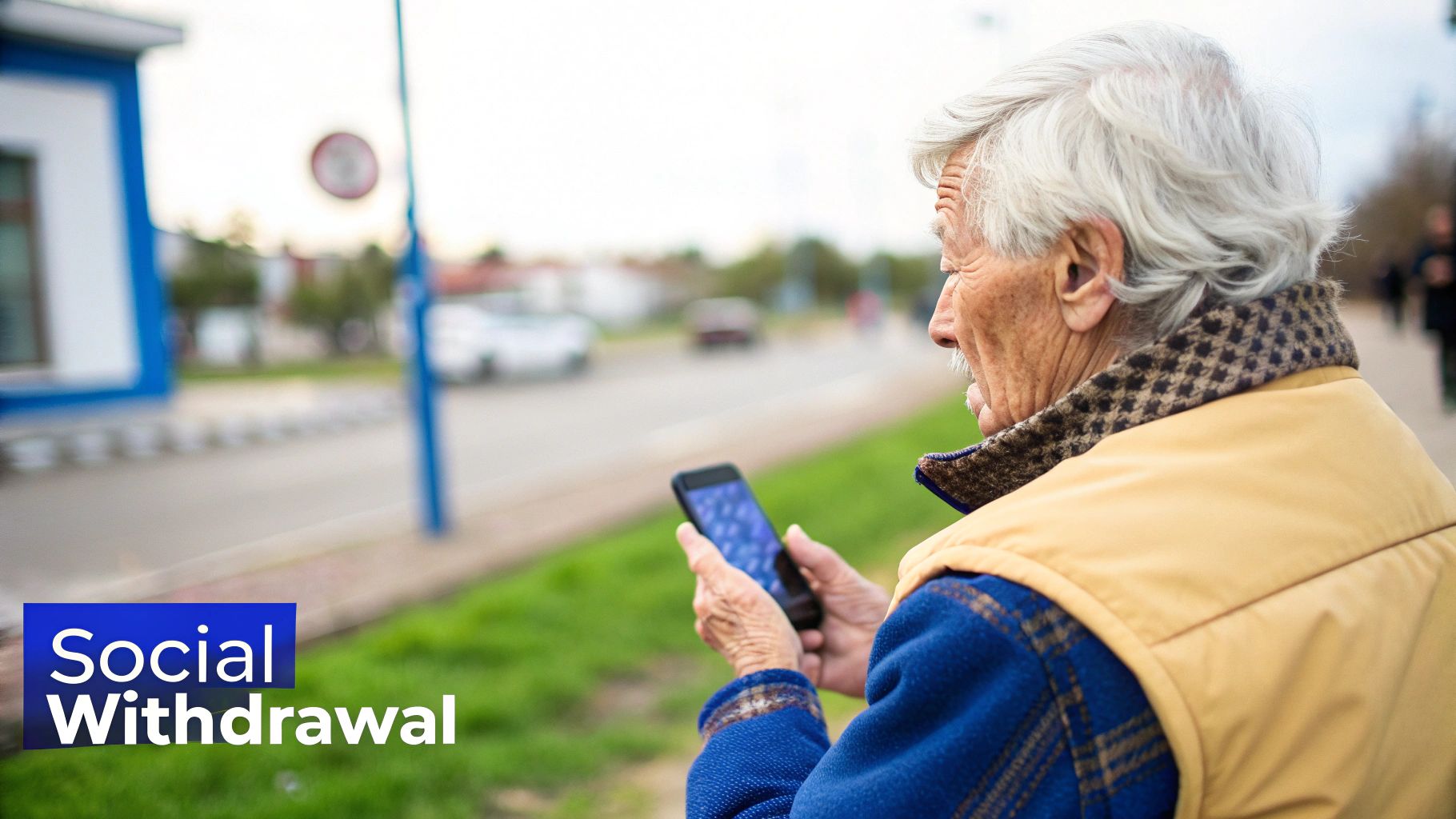 A senior woman sitting alone on a park bench, looking withdrawn.