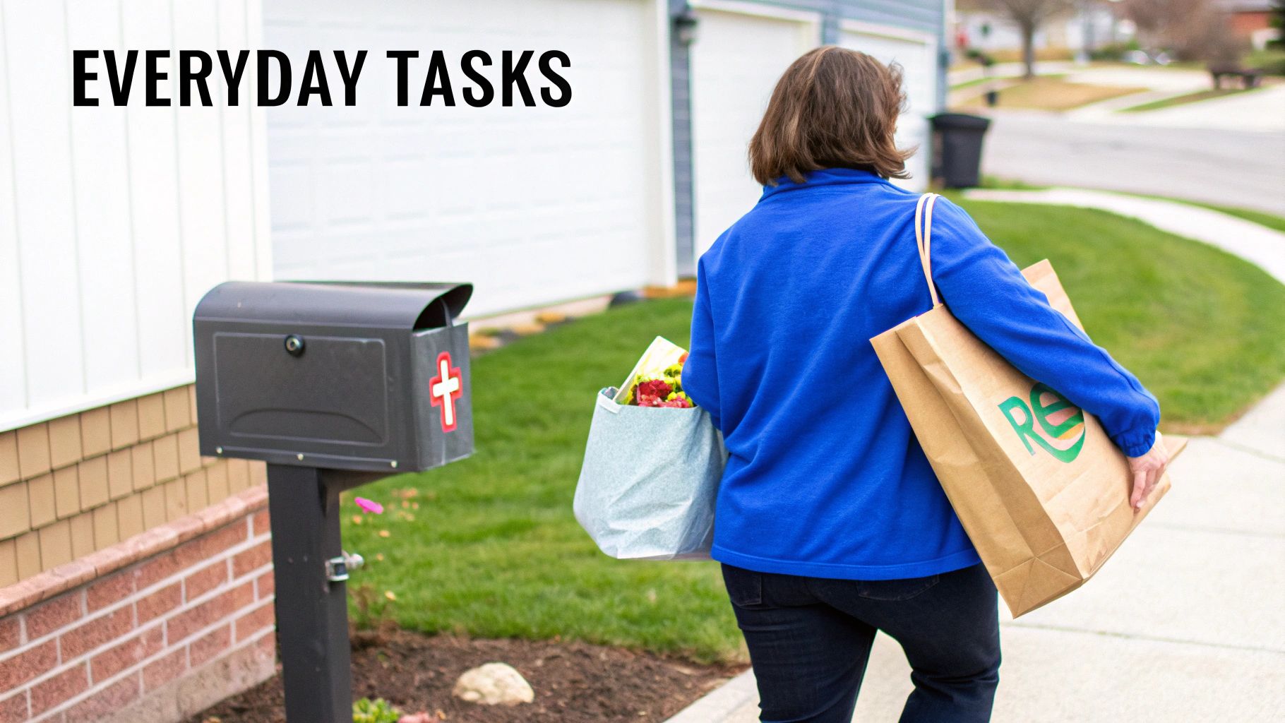 A person carries groceries and items in bags, walking past a mailbox on a sidewalk.
