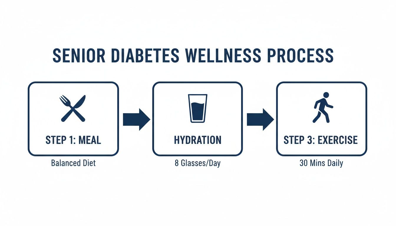 Visual guide outlining senior diabetes wellness process: balanced diet, hydration, and daily exercise.