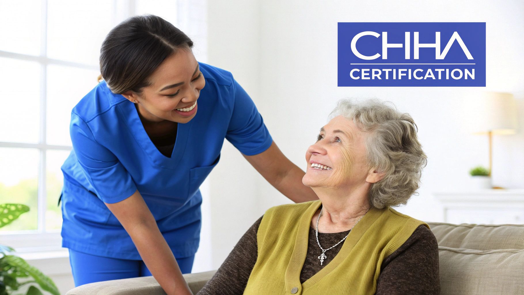 A smiling young caregiver in blue scrubs assists an elderly woman on a couch, with a CHHA Certification logo.