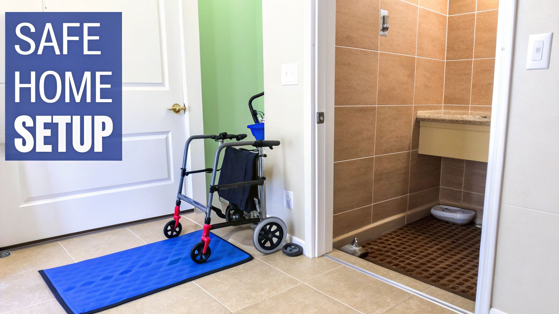 A safe home setup featuring a walker, blue mat, and accessible shower for stroke patient care.
