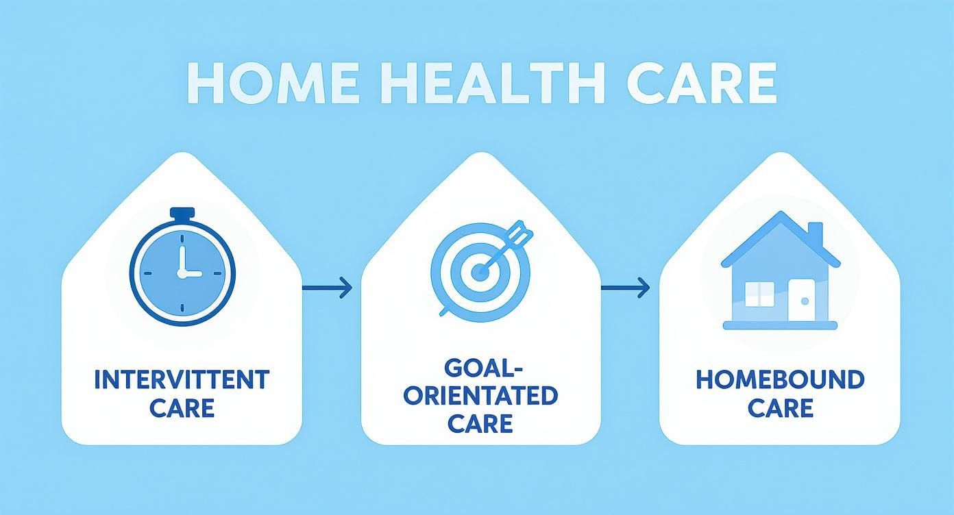 Infographic showing the intermittent, goal-oriented, and homebound nature of home health care