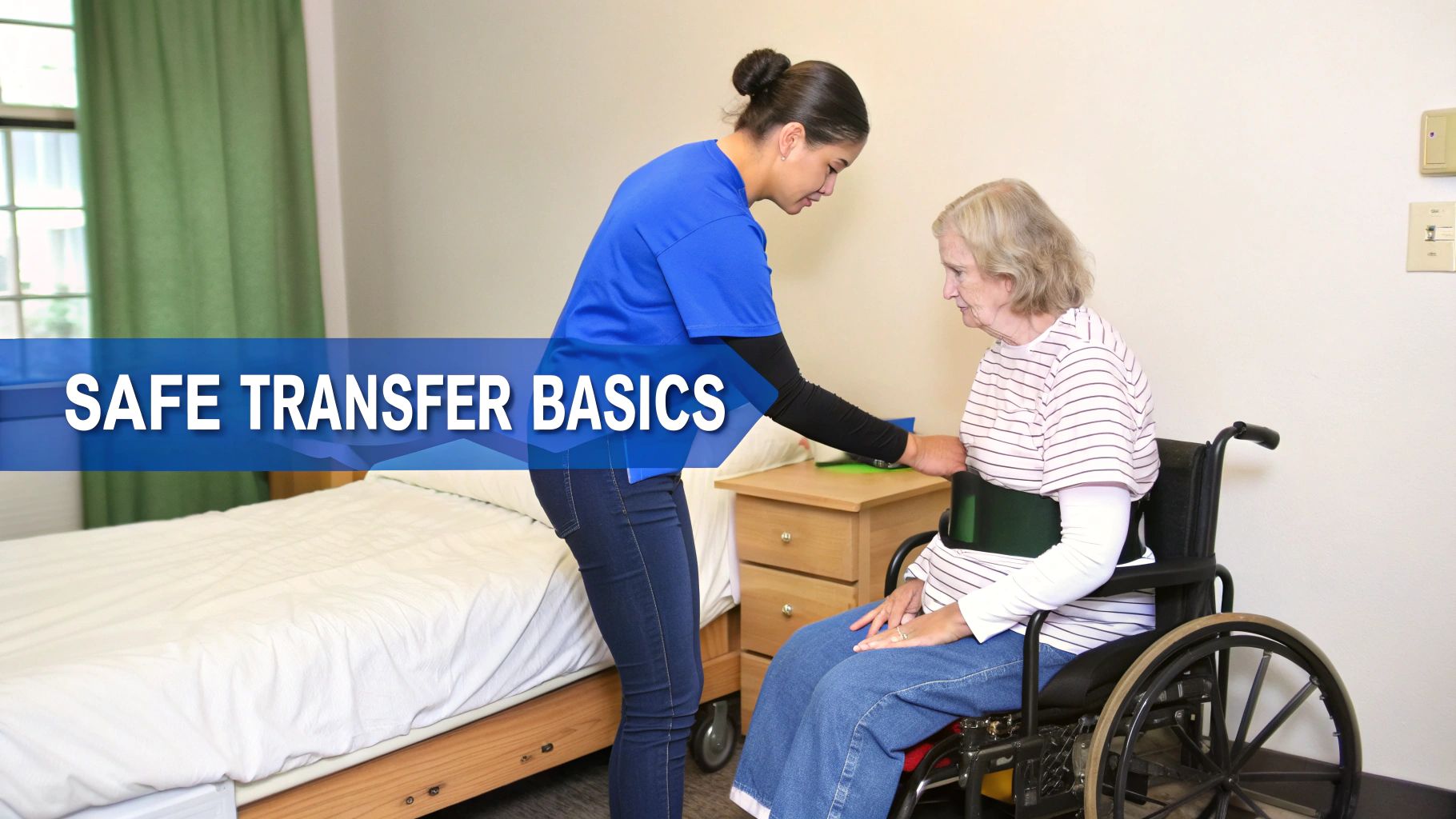 Healthcare worker assisting elderly woman in wheelchair with safe transfer techniques in bedroom