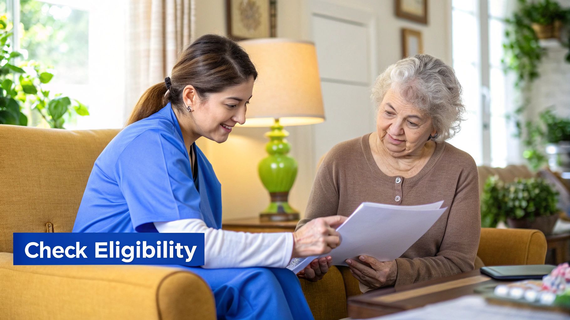 A nurse helping an elderly man with a walker at home, demonstrating Medicare-covered care.