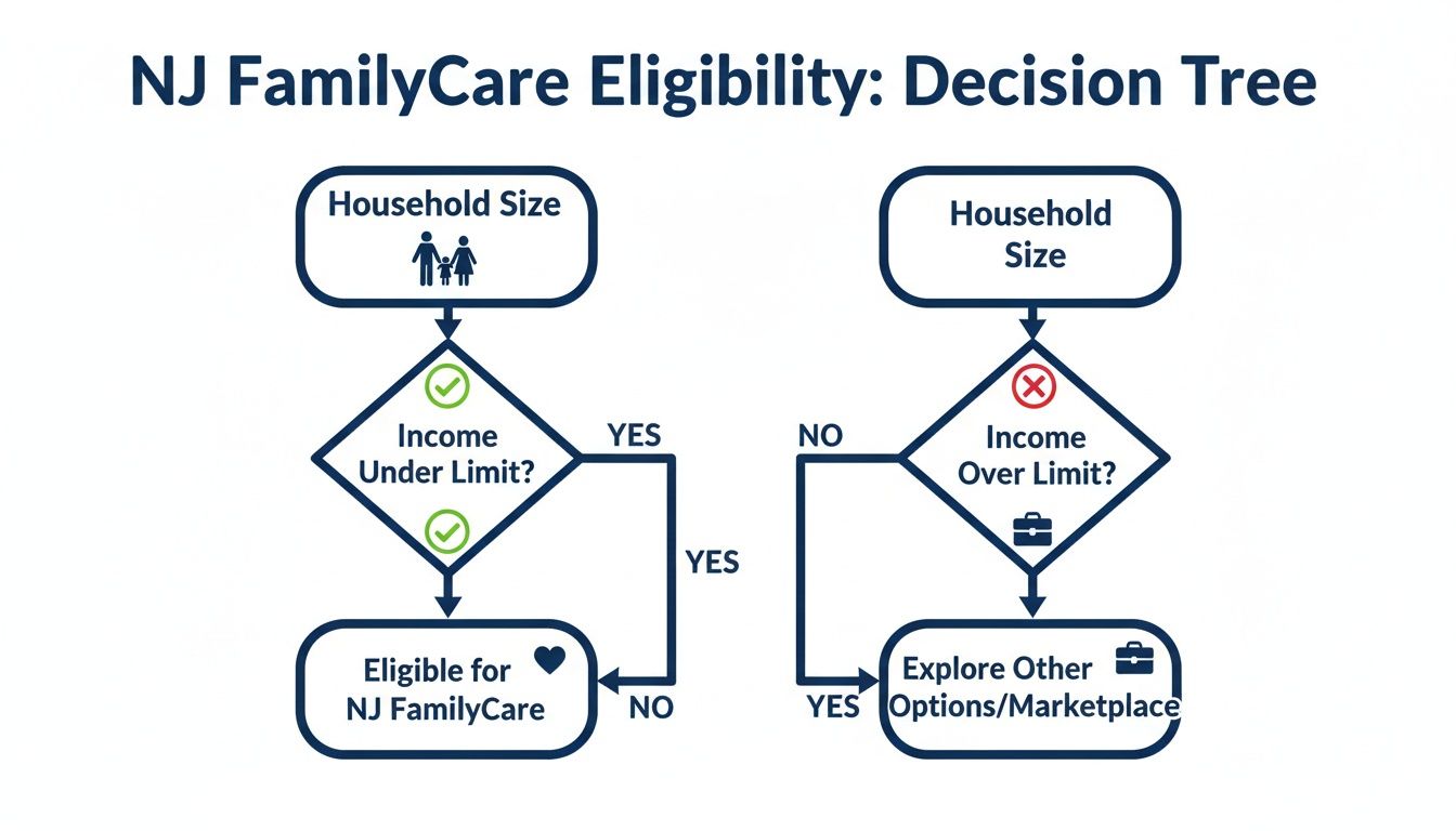 Flowchart for New Jersey FamilyCare eligibility, detailing steps based on household size and income limits.
