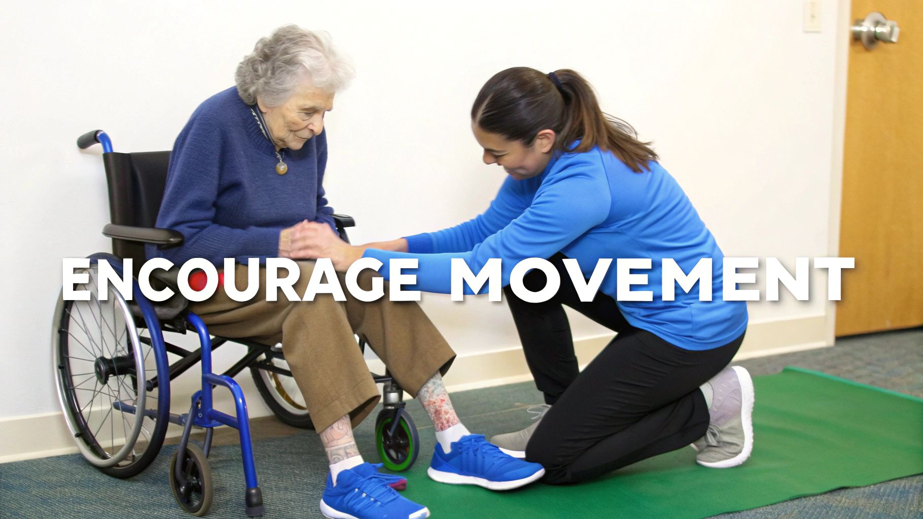A physical therapist assists an elderly patient in a wheelchair, encouraging movement.