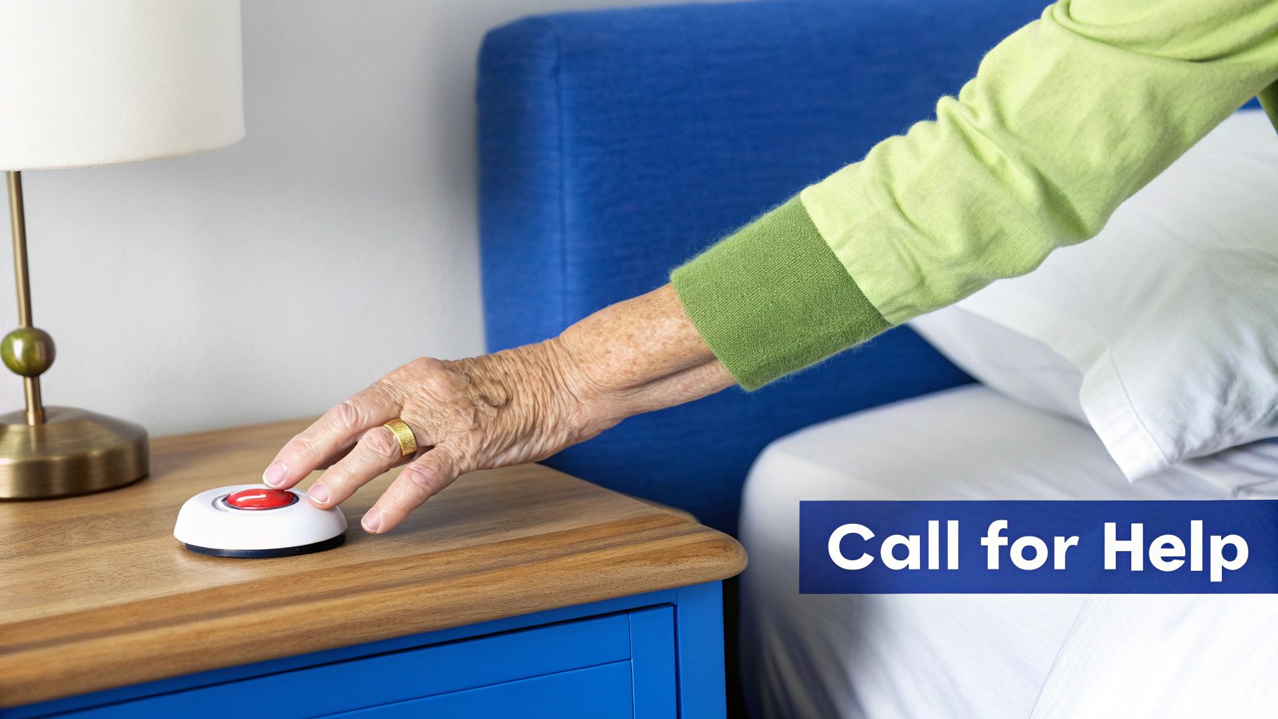 A smiling senior woman wearing a personal emergency response system necklace while talking on her phone.