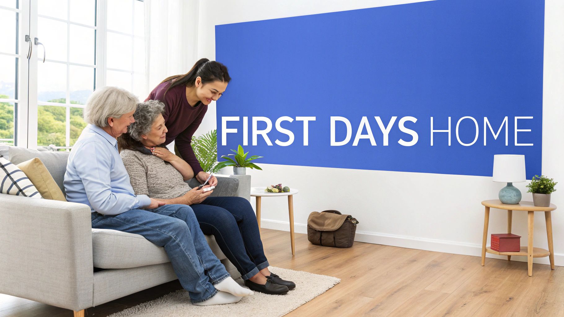 A younger woman shows a smartphone to two older women sitting on a sofa in a bright living room.