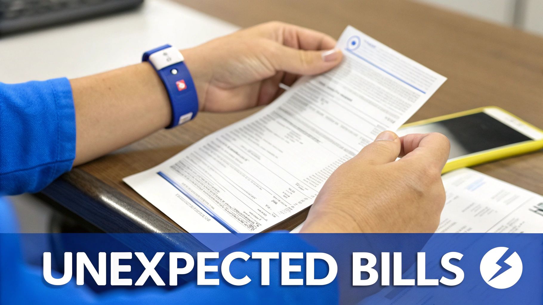 Close-up of hands holding and reviewing a paper bill, with a smartphone and 'UNEXPECTED BILLS' overlay.