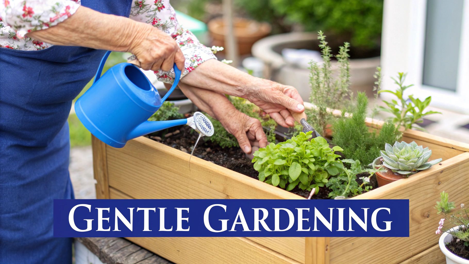 Elderly hands watering and tending to plants in a raised wooden garden bed, promoting gentle gardening.