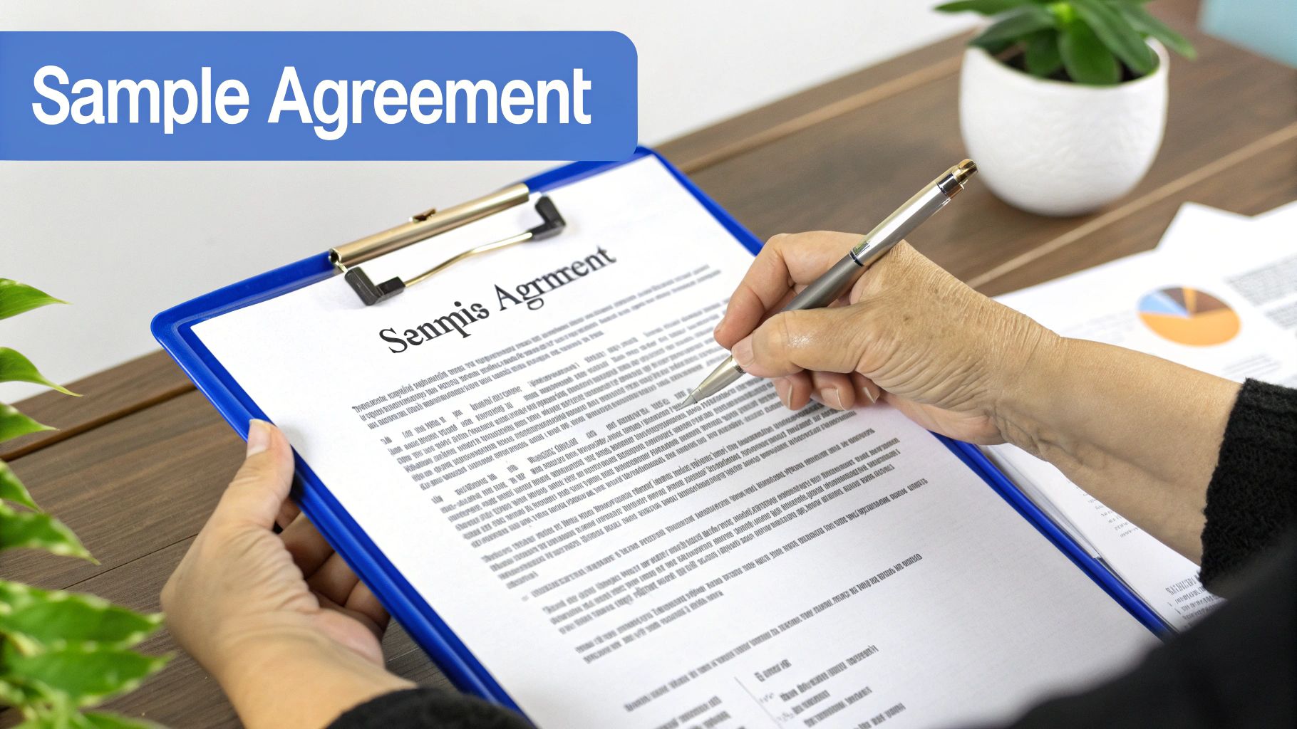 Hands signing a document titled "Sample Agreement" on a clipboard with a plant in the background.
