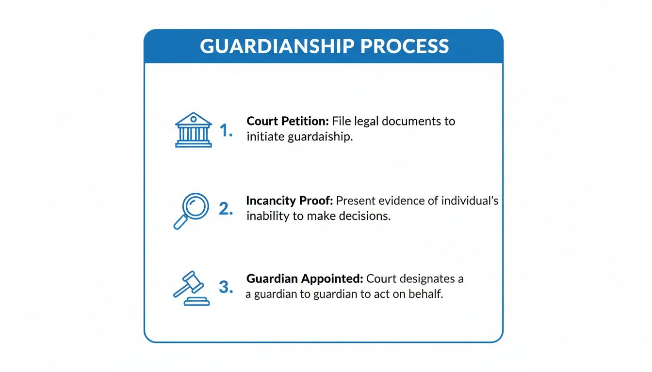 An infographic outlining the three key steps in the legal guardianship process.