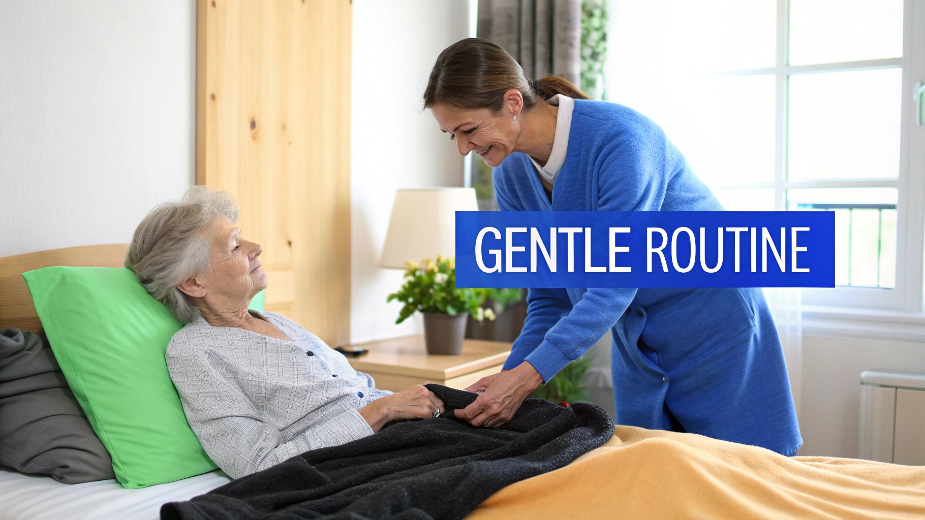 A caregiver gently holding the hand of a senior, symbolizing comfort and routine.