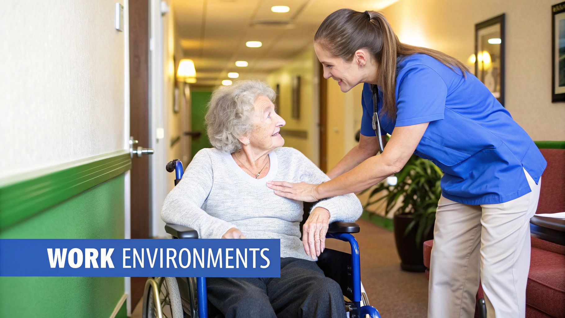 A caregiver talking with a senior patient in a bright,comfortable room