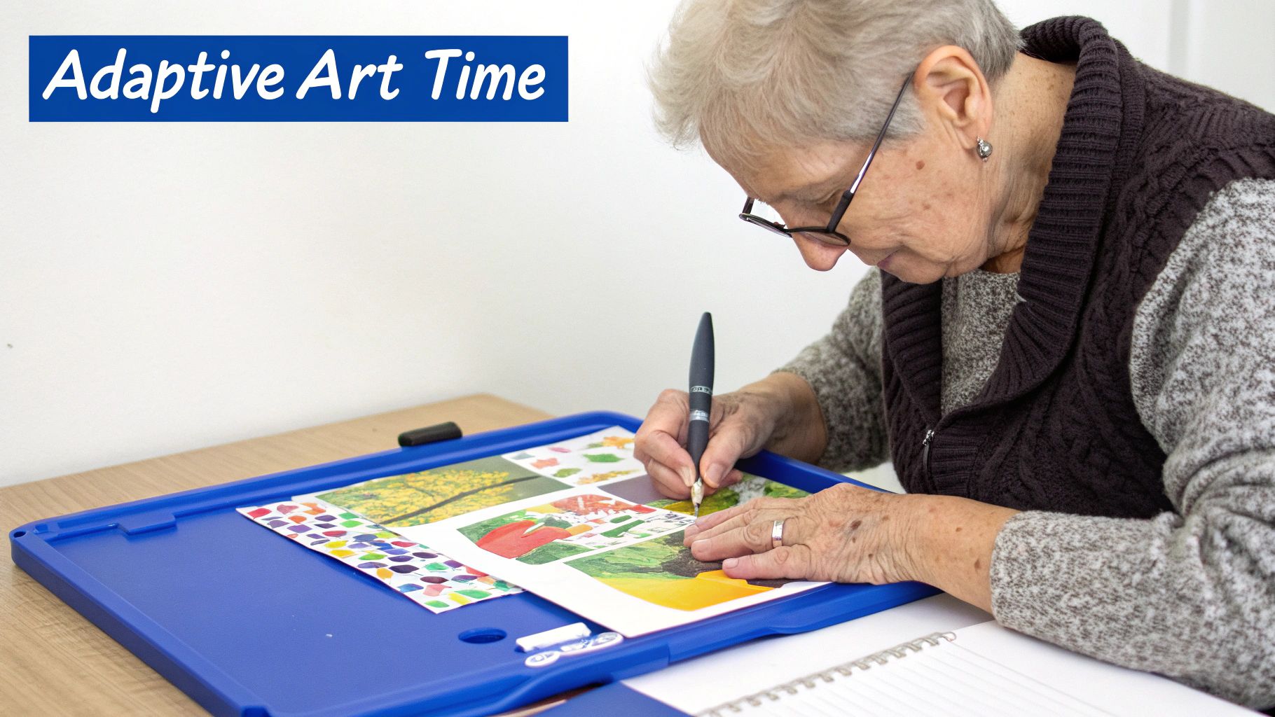 An elderly woman wearing glasses concentrates on coloring an art piece on a blue tray, labeled 'Adaptive Art Time'.