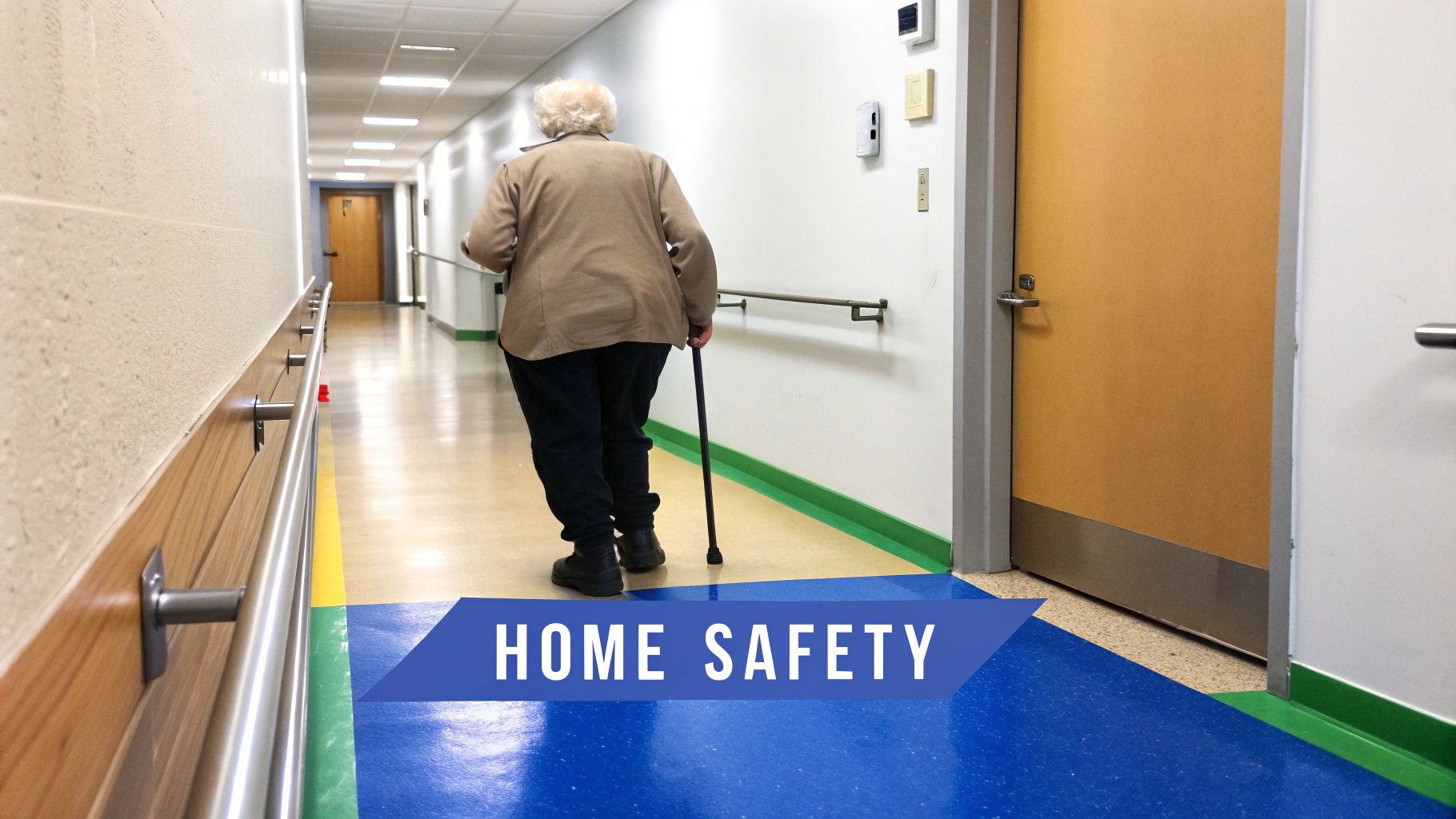 A cozy and well-lit living room, modified for senior safety with clear pathways and grab bars near a comfortable armchair.