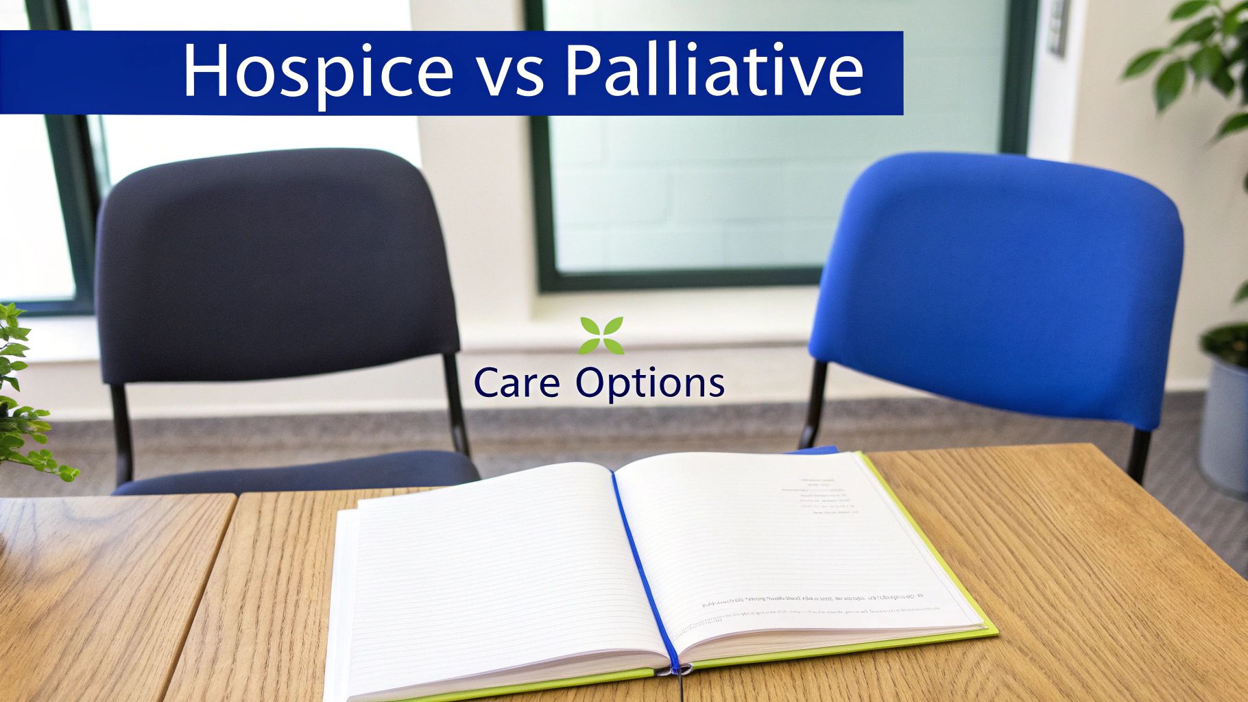 Two chairs and an open notebook on a table, illustrating hospice vs palliative care options.