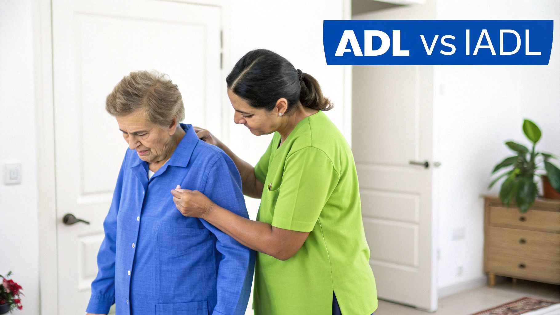 A caregiver assists an elderly woman with personal tasks, illustrating ADL vs IADL concepts.