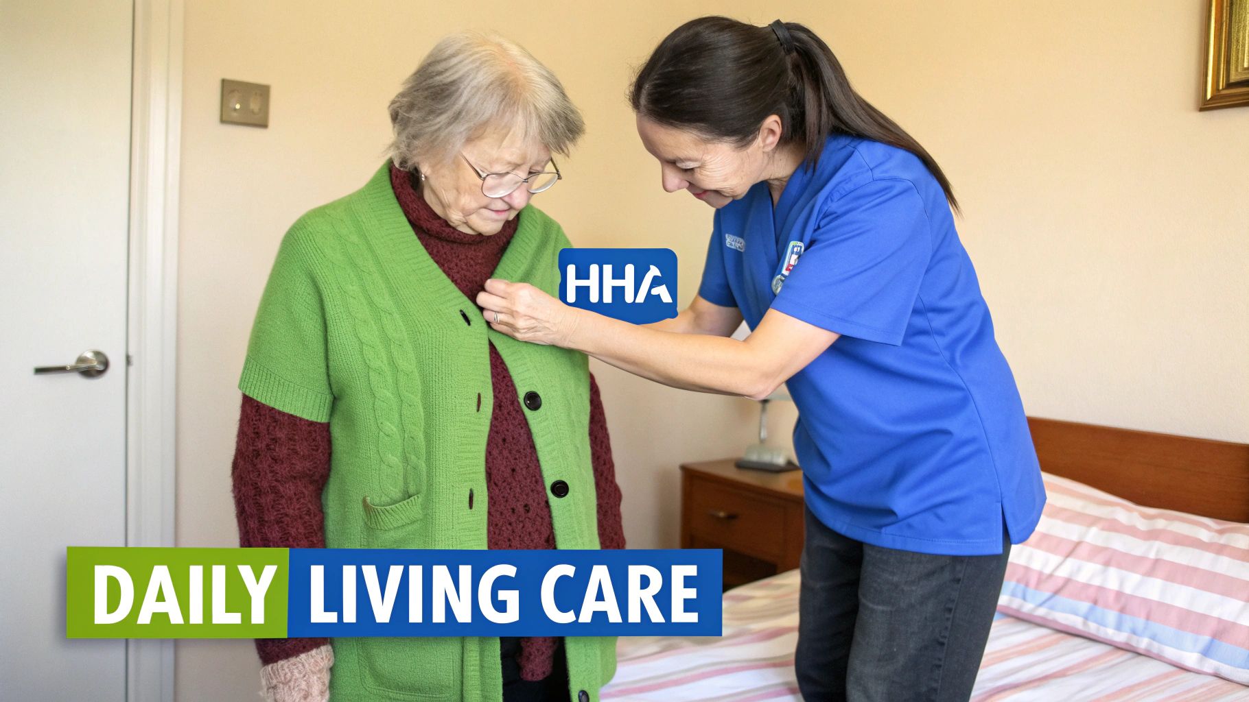 A home health aide assists an elderly woman with glasses, buttoning her green cardigan, showcasing daily living care.