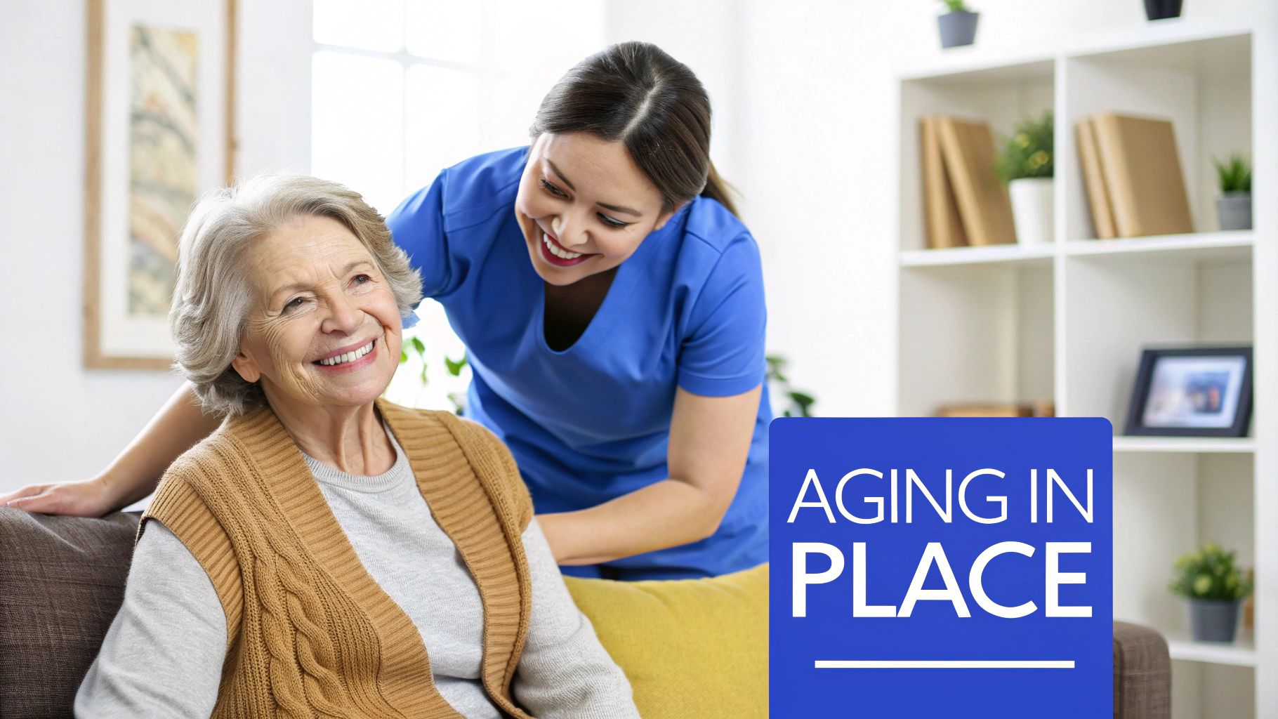 Happy elderly woman receiving home care from a smiling caregiver, promoting aging in place.