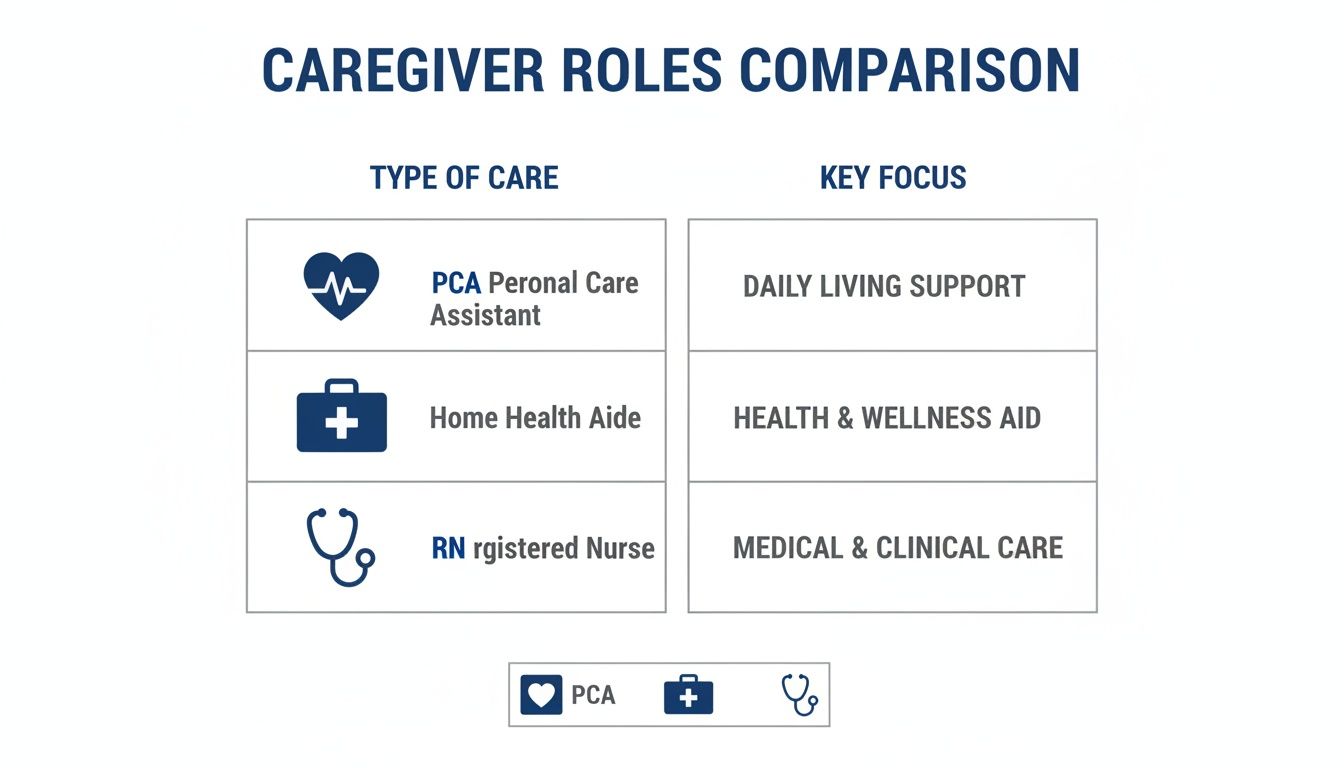 A table comparing caregiver roles: Personal Care Assistant, Home Health Aide, and Registered Nurse with their key focus.