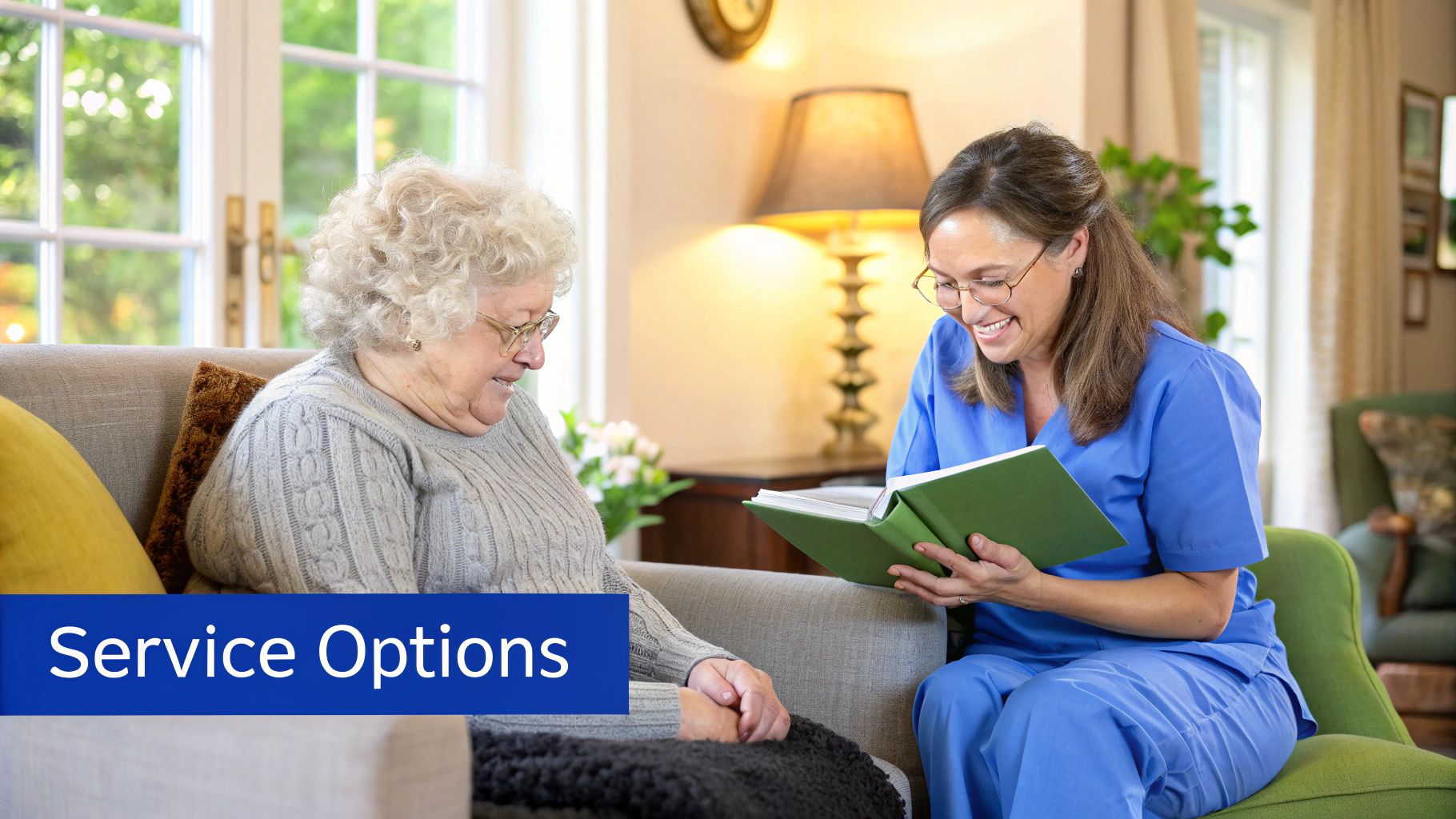 A friendly caregiver assisting a senior woman with a walker in her home.