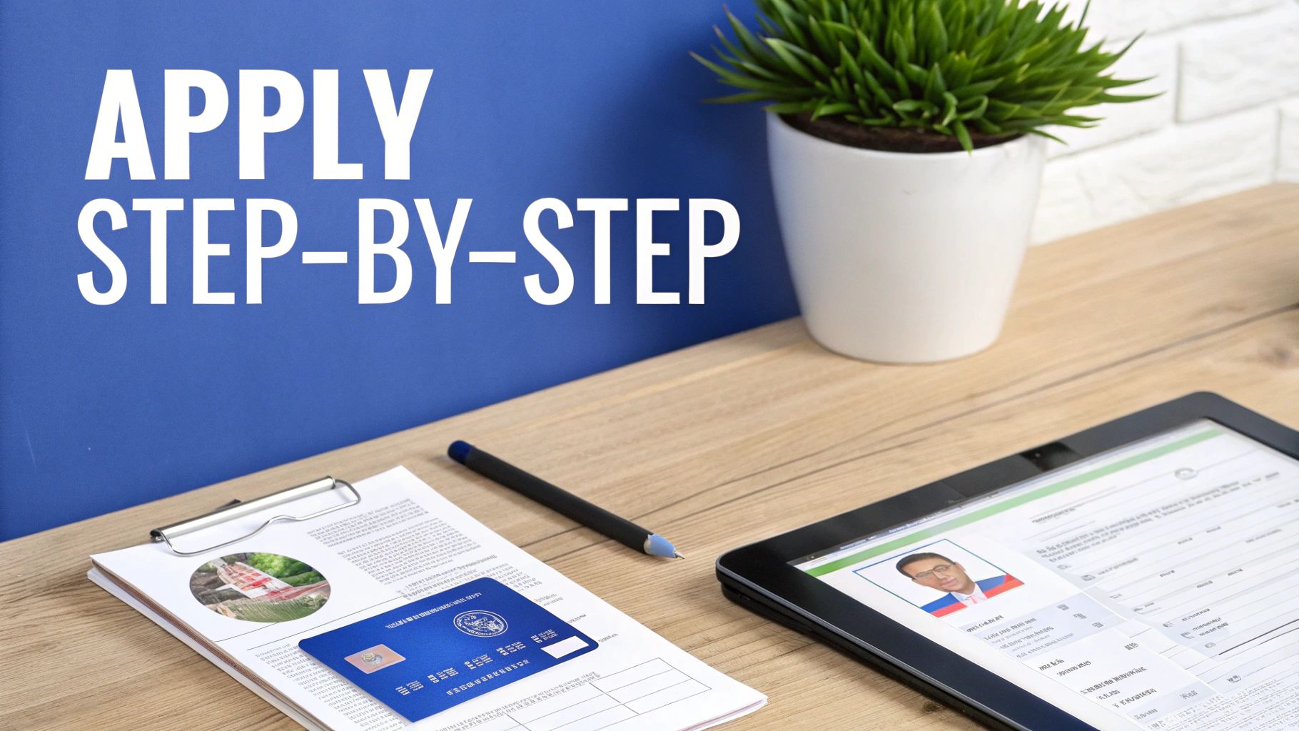 Desk with application forms, a blue card, tablet, and pen. Text says 'APPLY STEP-BY-STEP'.