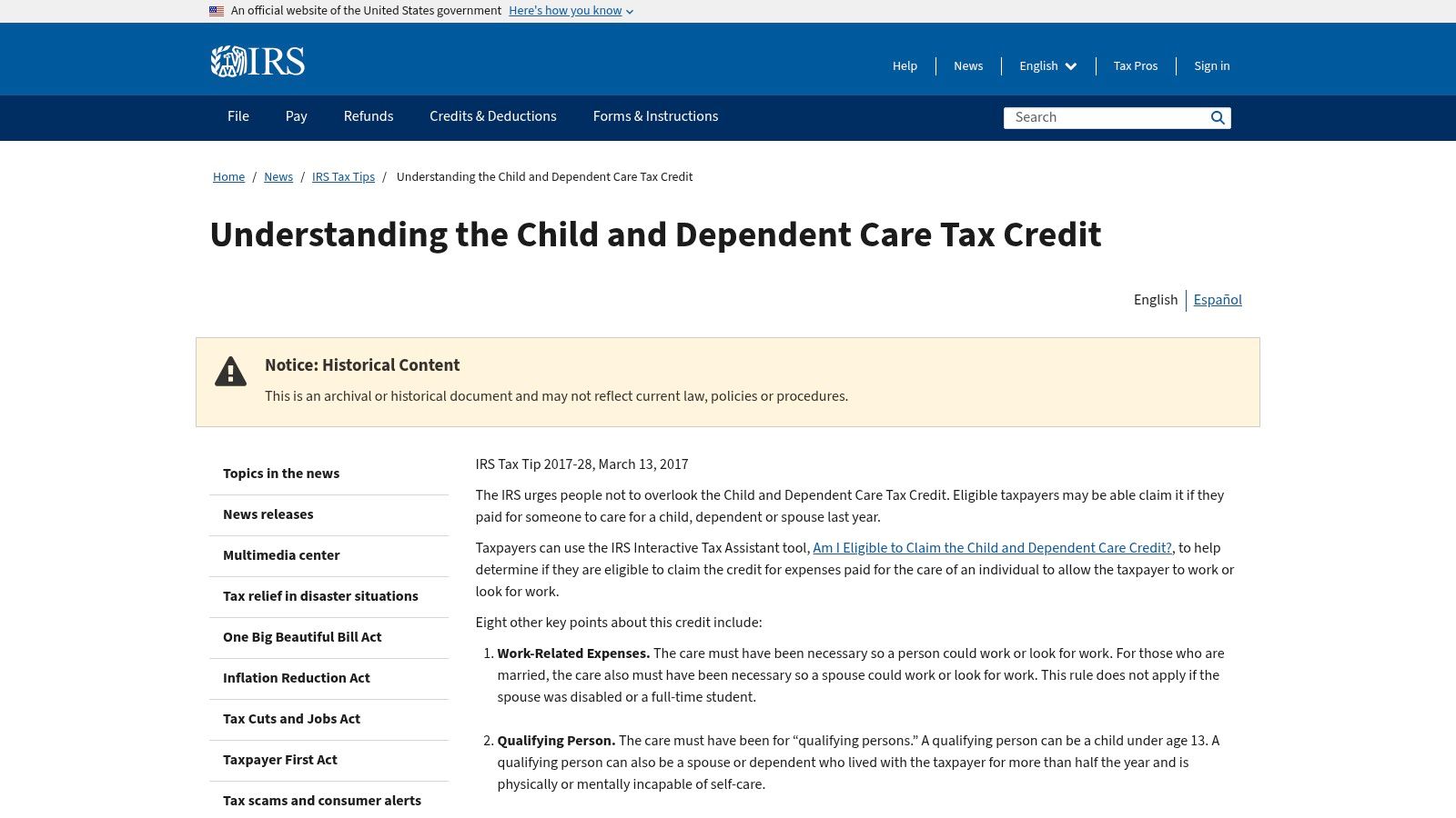 IRS – Child and Dependent Care Tax Credit (CDCTC)