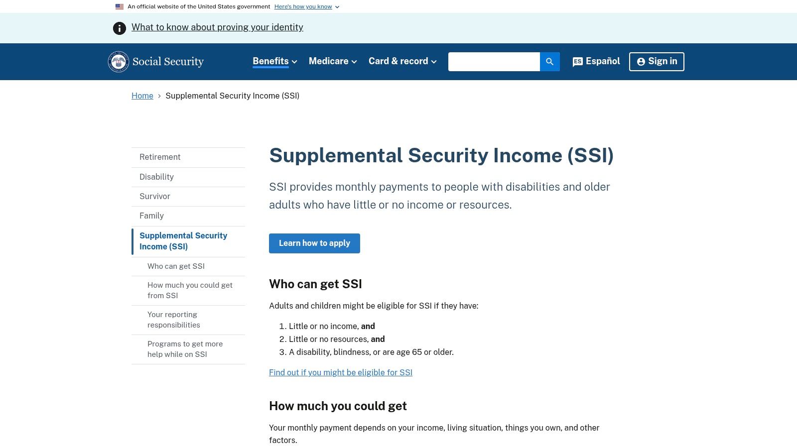 Supplemental Security Income (SSI) by the Social Security Administration