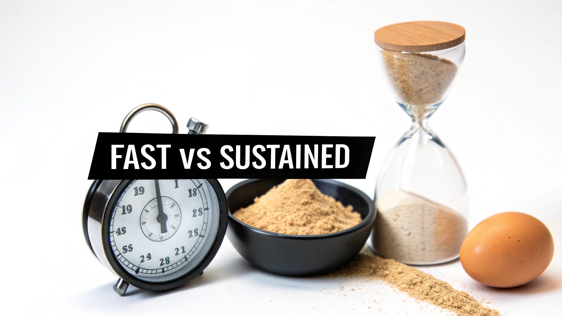 Fast versus sustained protein comparison with timer, hourglass, protein powder, and eggs on white surface