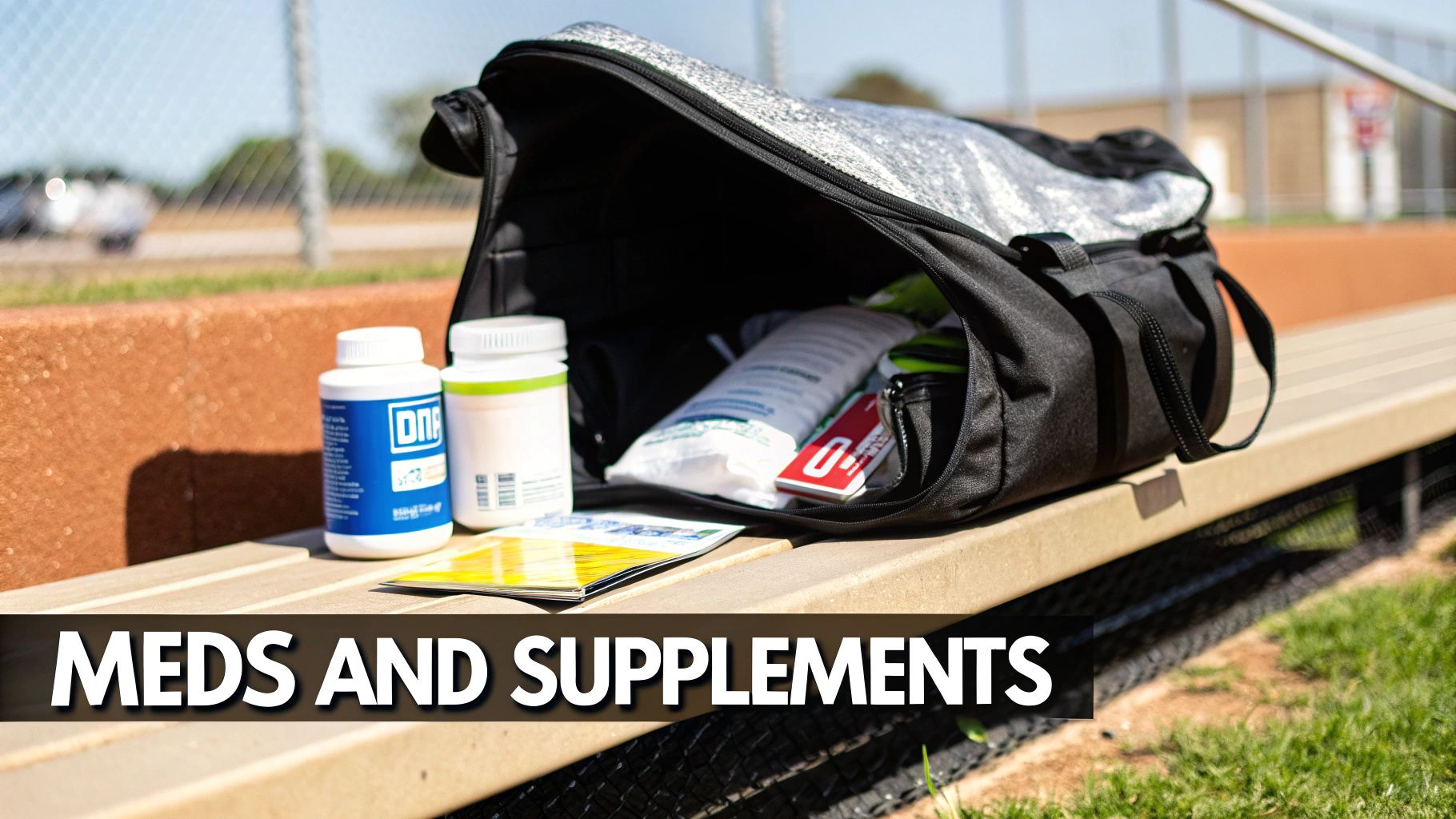 Sports bag with medication bottles and supplements on baseball field bench for travel