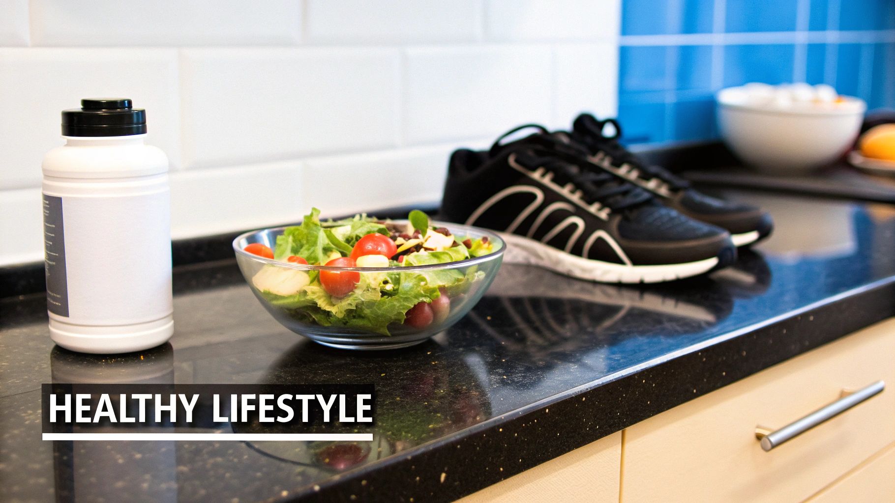 Healthy lifestyle essentials including fresh salad bowl, water bottle, and athletic shoes on kitchen counter