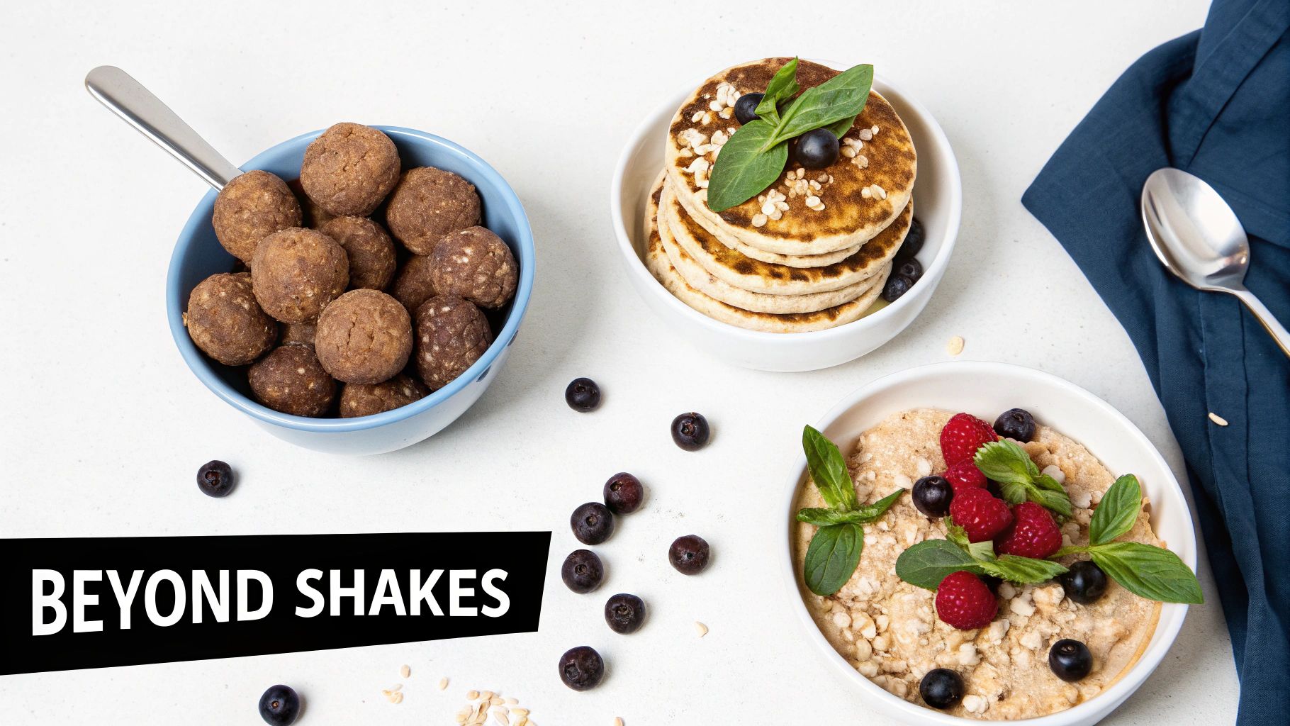Protein powder breakfast options including cereal balls, mini pancakes, and oatmeal bowl with fresh berries