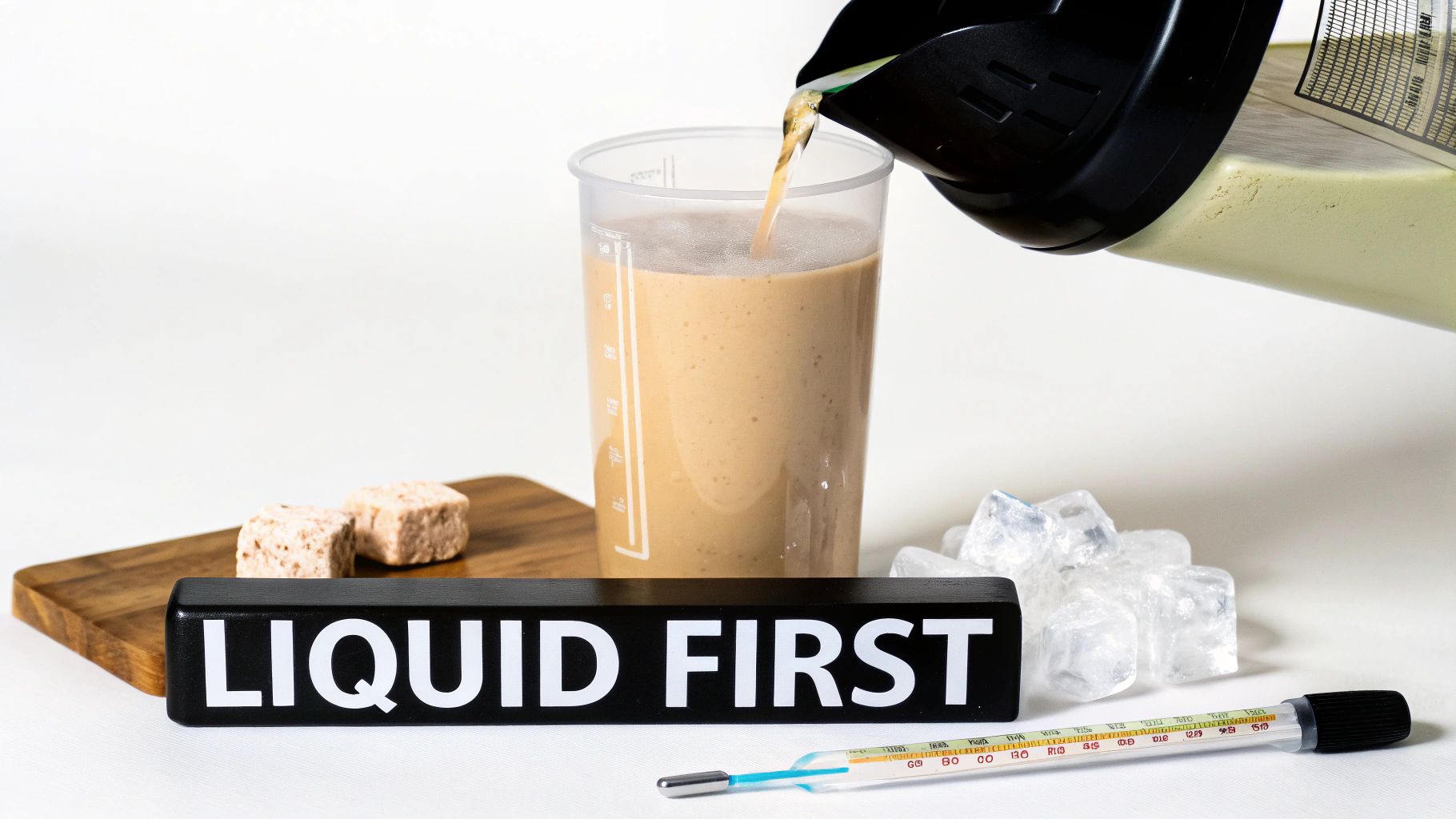 Protein shake being poured into glass with ice cubes and shaker bottle on wooden tray