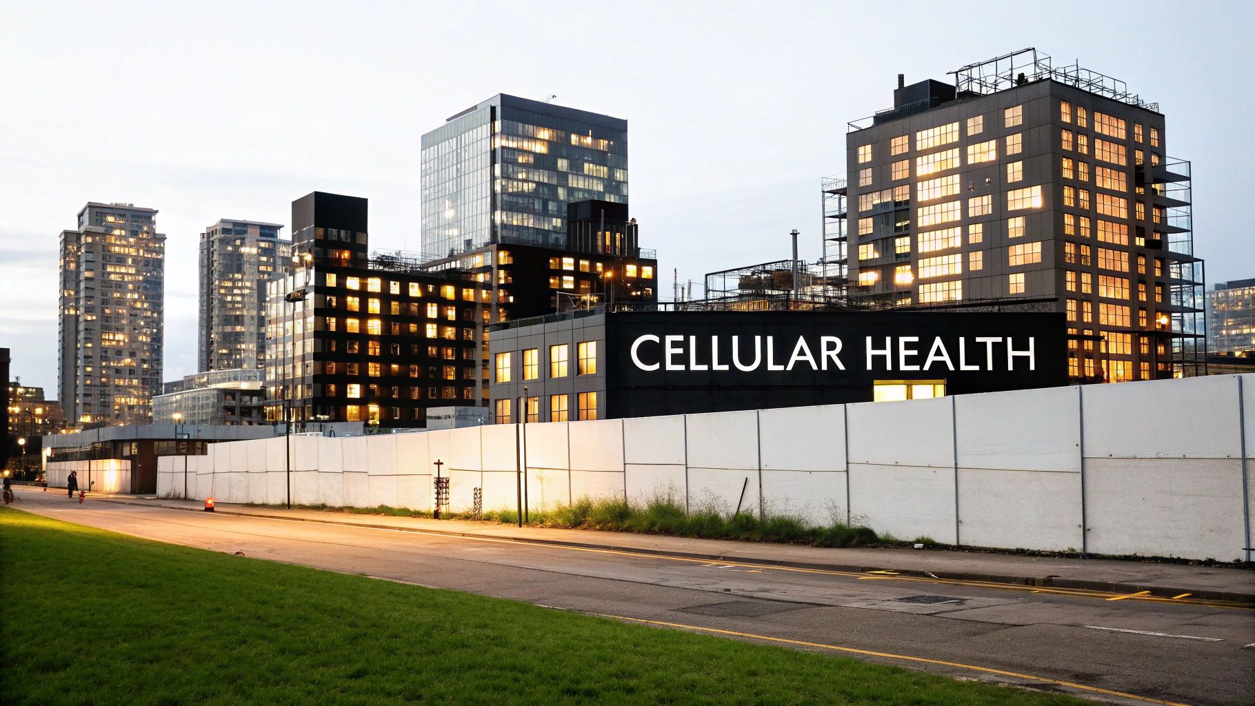 Modern urban buildings illuminated at dusk with Cellular Health signage on black banner