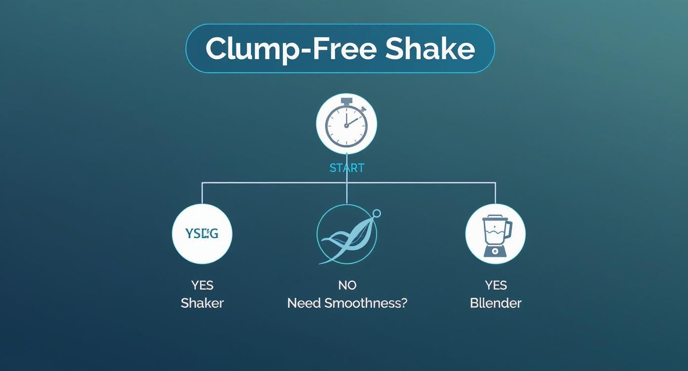 Flowchart showing clump-free shake preparation methods using shaker bottle or blender for protein powder mixing