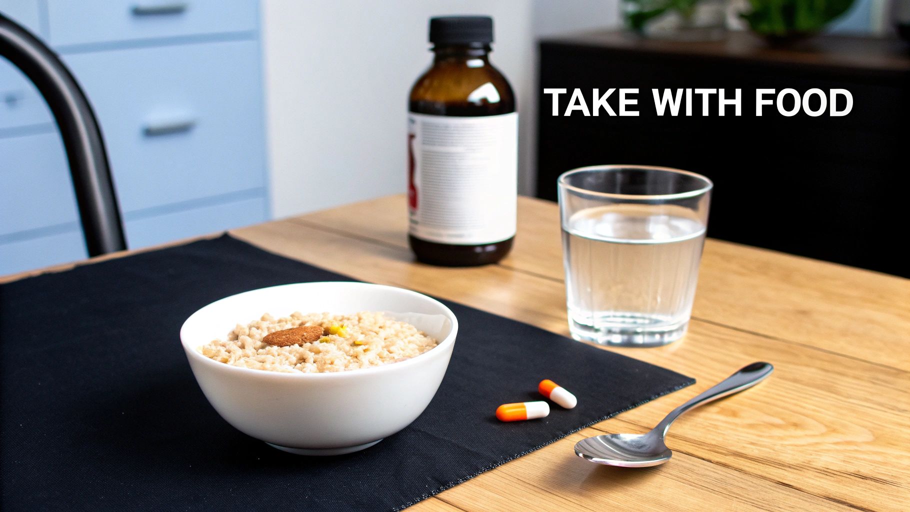 Medication bottle, pills, bowl of oatmeal and water glass with take with food text