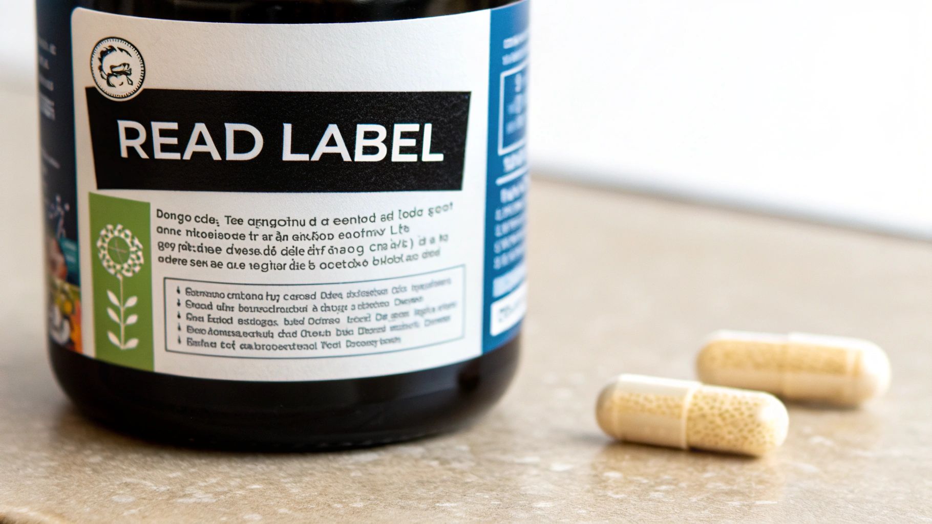 Probiotic supplement bottle with read label instruction next to capsules on table