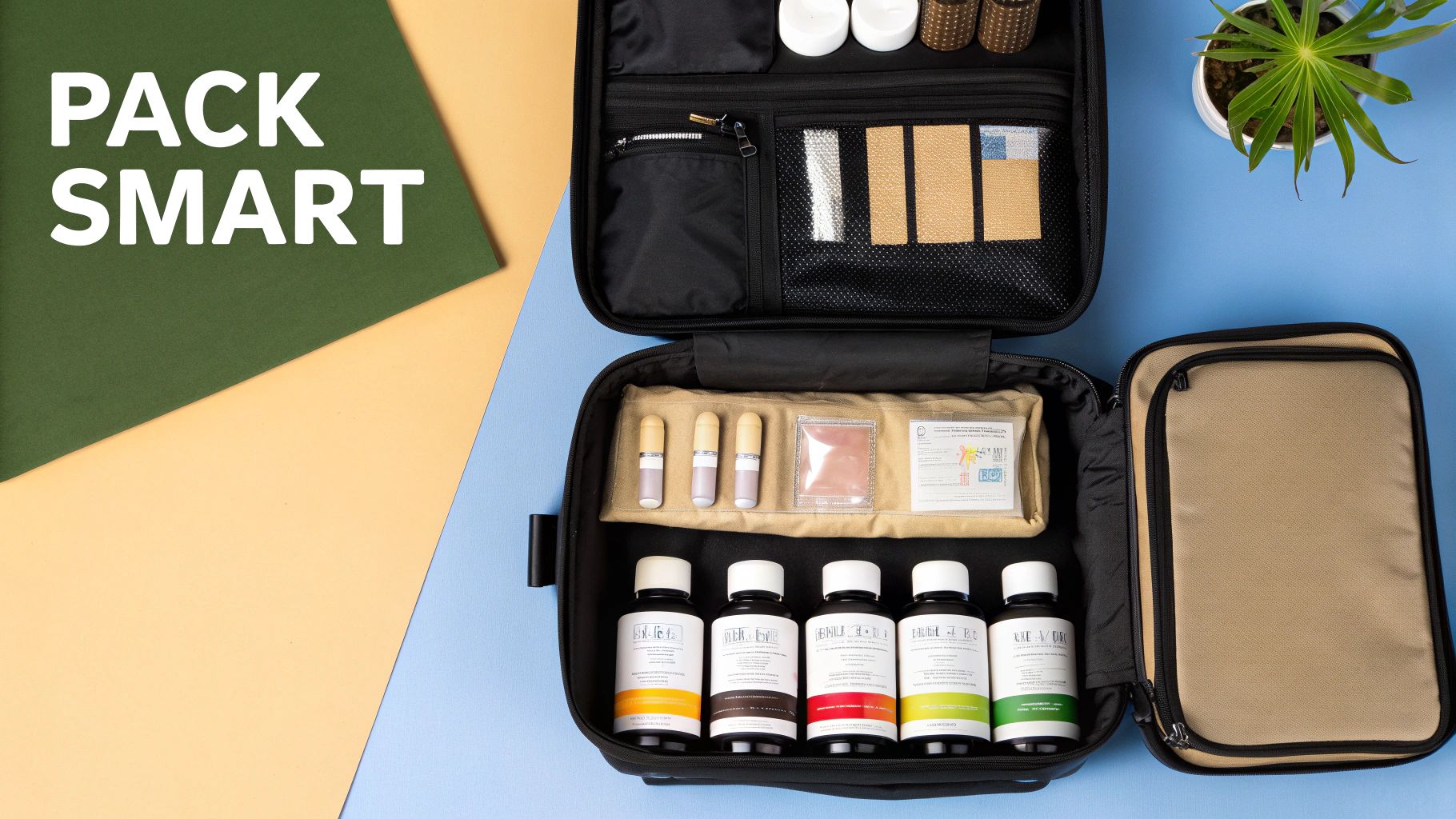 Organized travel case with supplement bottles and toiletries demonstrating smart packing for air travel