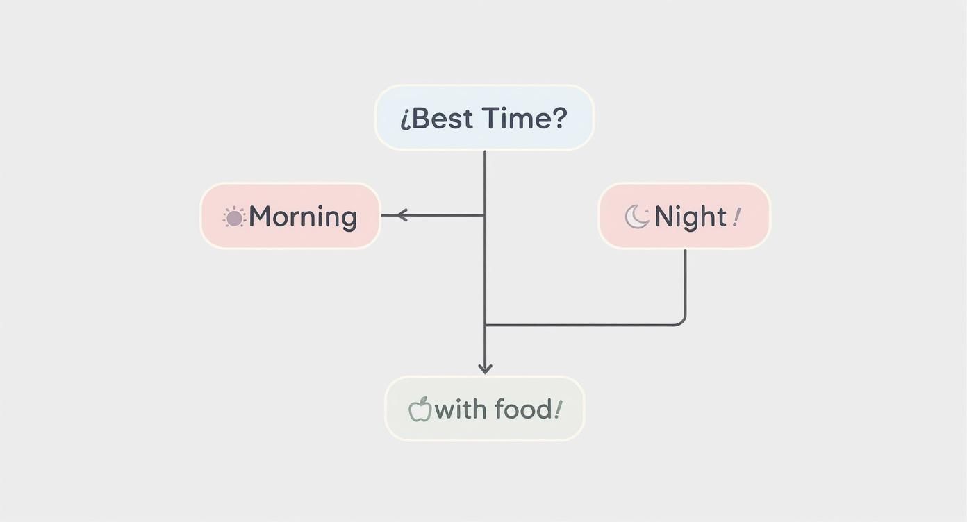 Flowchart diagram showing best time to take probiotic: morning or night with food