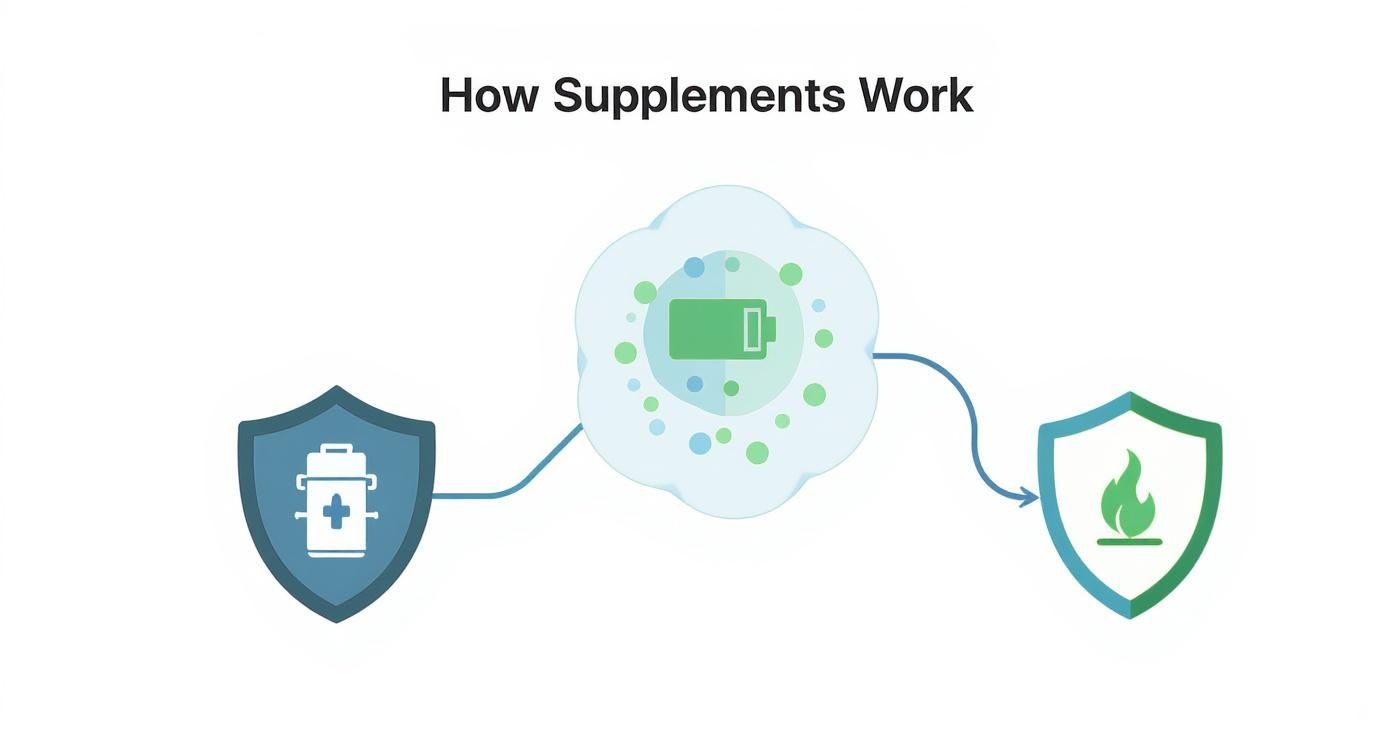 Diagram showing supplement bottle connecting to cellular energy production and metabolic boost process
