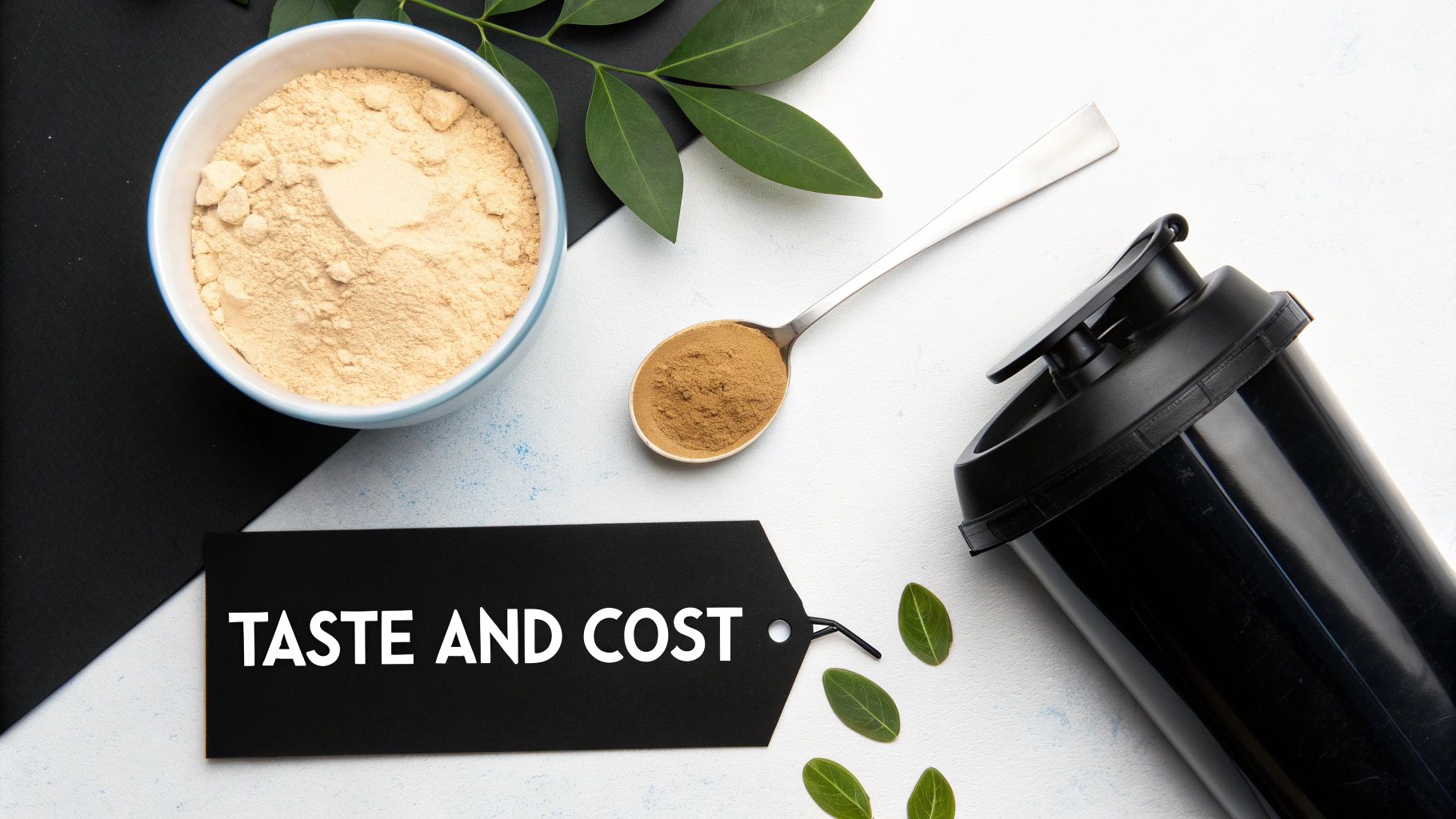 Protein powder supplements in bowl and spoon with black container on white surface