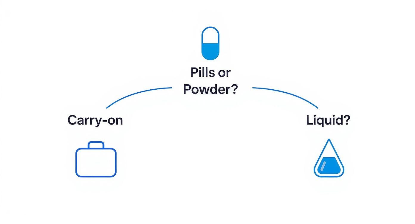 Decision flowchart showing supplement form options: pills or powder, carry-on luggage or liquid container