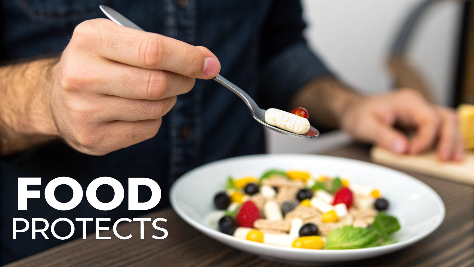Chef adding probiotic supplement to colorful healthy salad bowl with fresh vegetables and berries