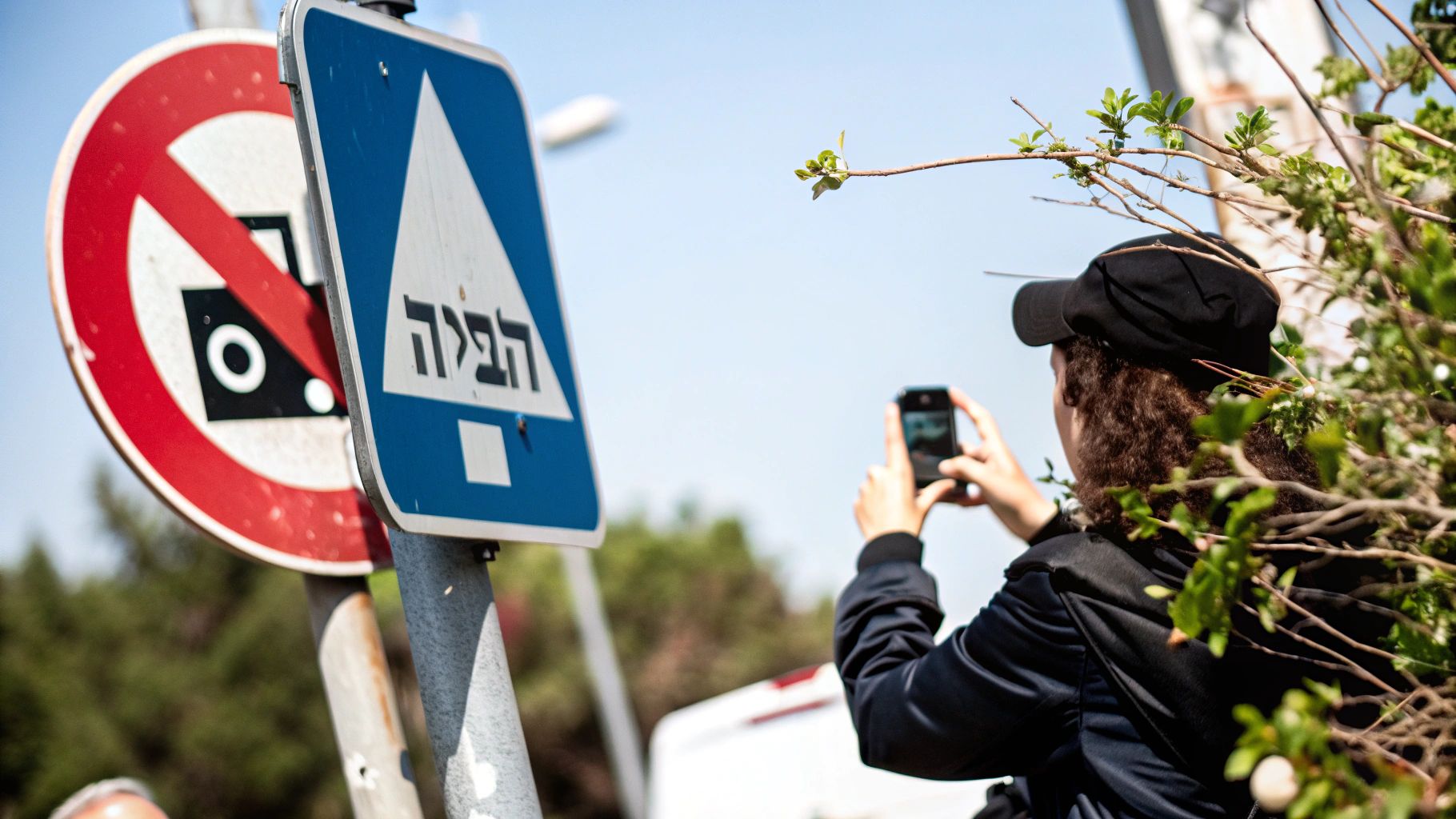 אישה מצלמת בסמארטפון ליד שלטי איסור צילום ושלט כחול עם כיתוב עברי, מטוס ברקע.
