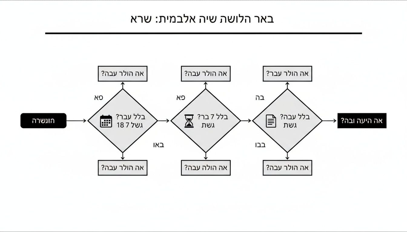תרשים זרימה בעברית המתאר תהליך עם החלטות על בסיס תאריכים ומסמכים, המוביל לאישור או דחייה.