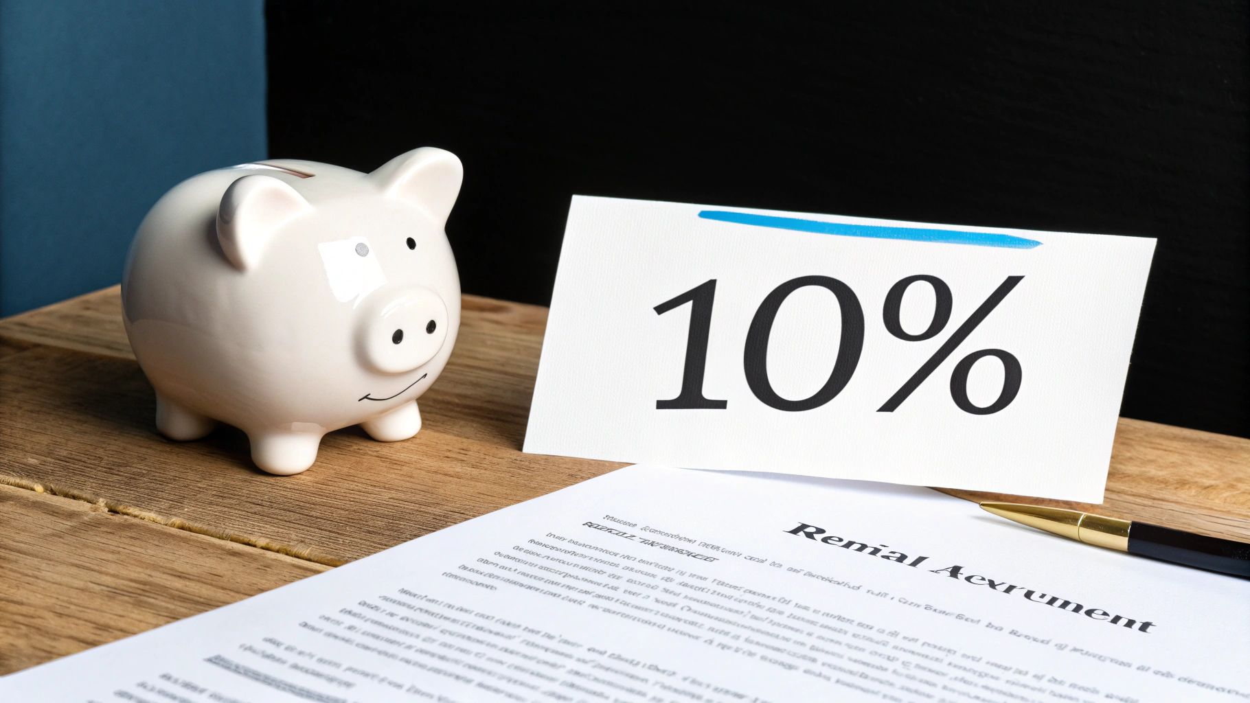 קופת חיסכון חזרזיר, כרטיס עם '10%' ומסמך 'הסכם שכירות' ועט על שולחן עץ, מייצגים חיסכון מס.