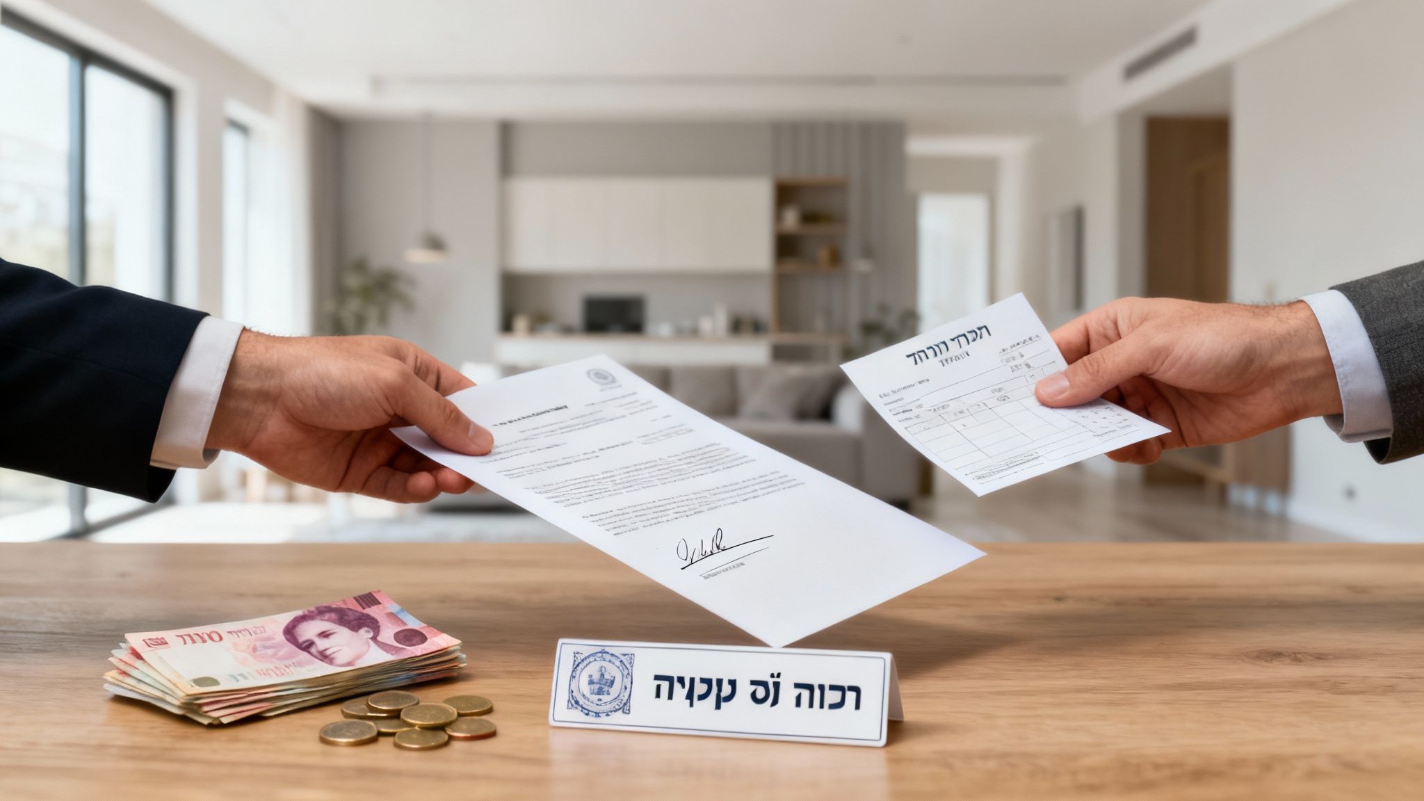 שתי ידיים מבצעות עסקה עם מסמכים, שטרות שקלים ומטבעות על שולחן משרדי. ברקע חלל מגורים מודרני.
