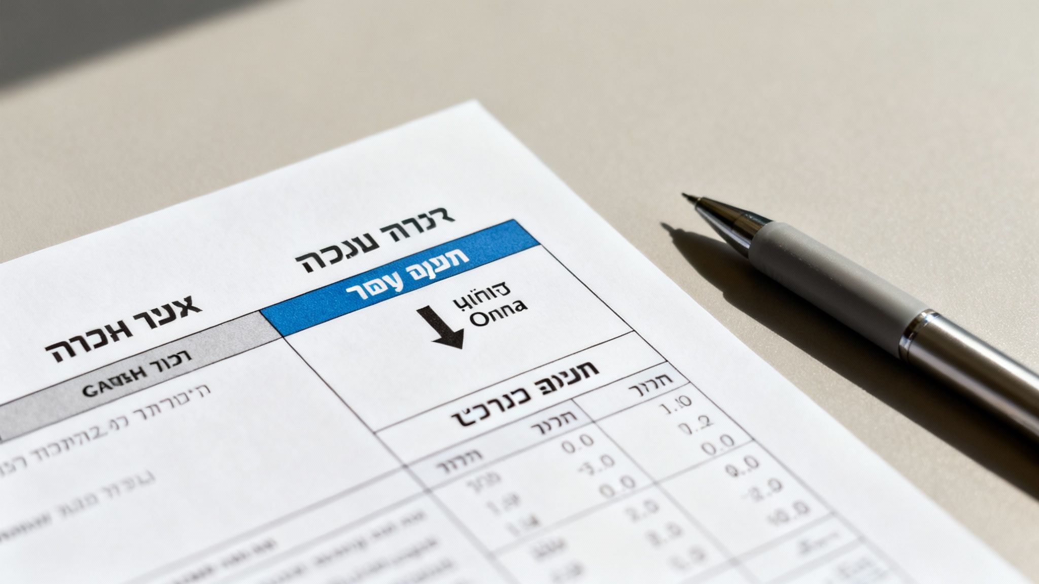 מסמך בעברית עם טקסט ומספרים, ככל הנראה חשבון או דוח, עם עט מונח בצד. מתאים למסמכים פיננסיים.