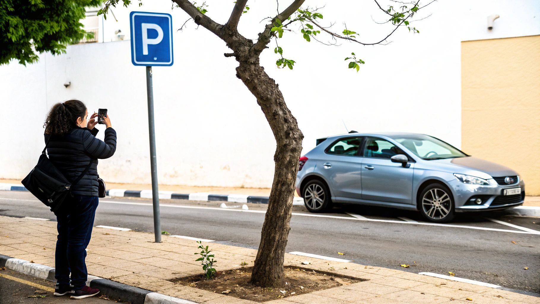אישה מצלמת עם טלפון נייד ליד תמרור חניה, עץ ומכונית כחולה חונה בצד הדרך.